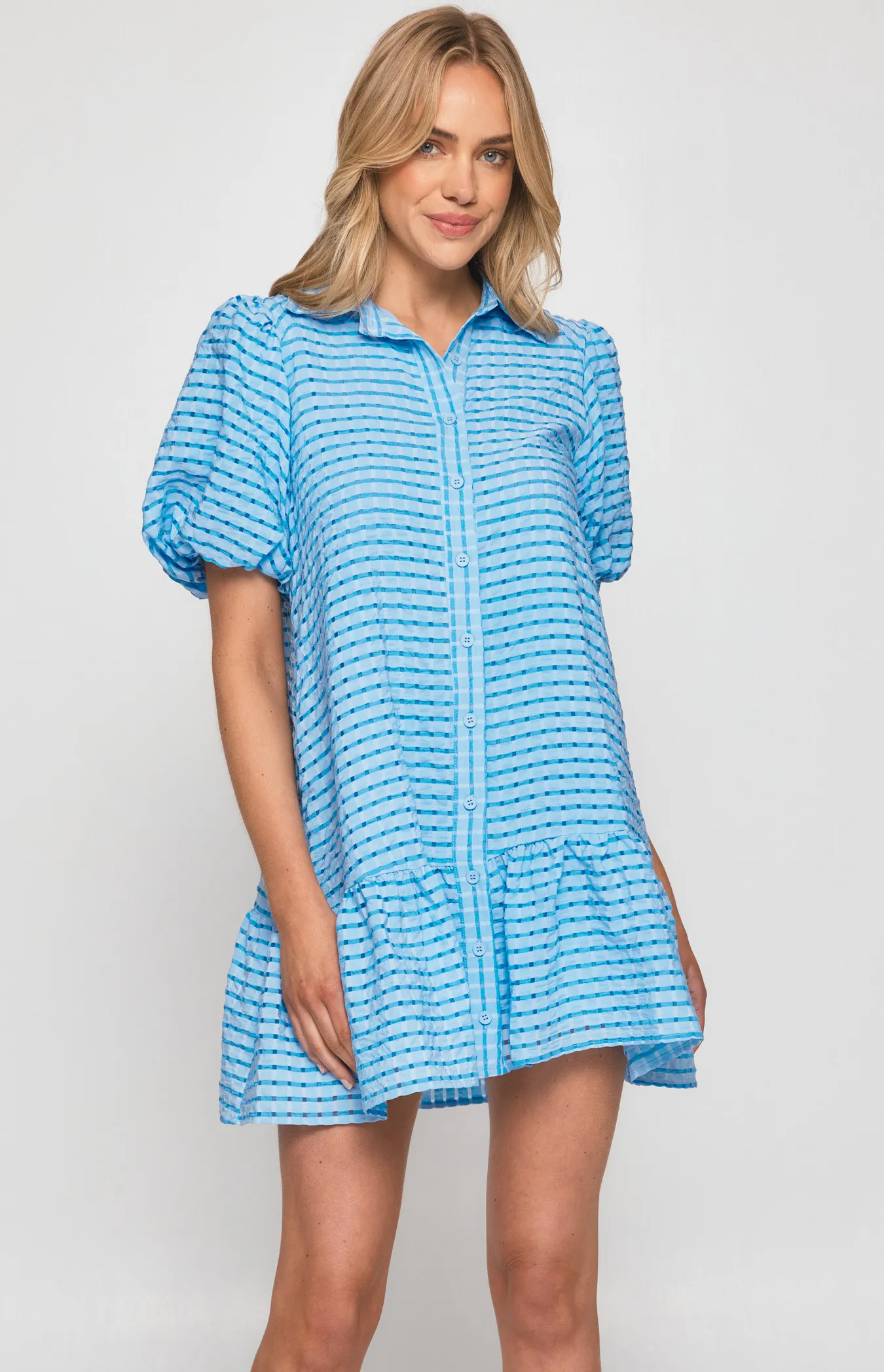 Textured Bubble Sleeve Baby Doll Dress (WDR525B)