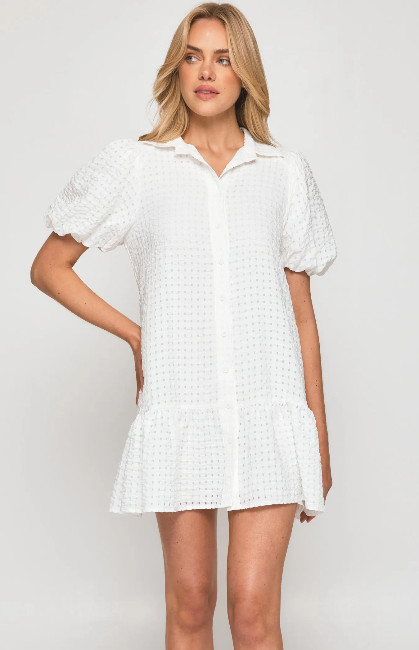 Textured Bubble Sleeve Baby Doll Dress (WDR525B)