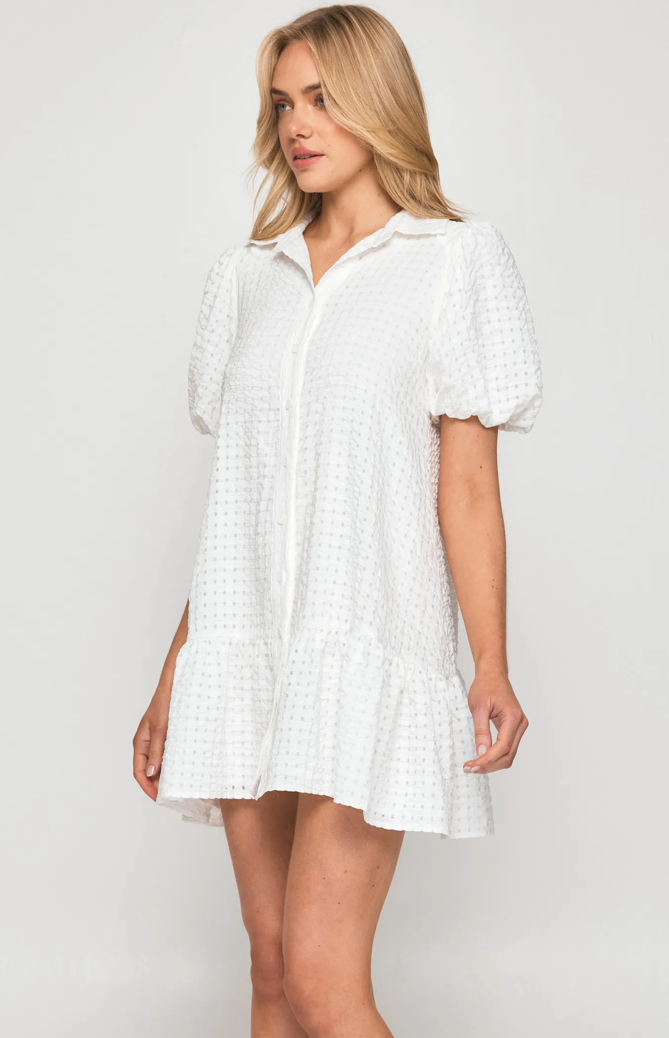 Textured Bubble Sleeve Baby Doll Dress (WDR525B)