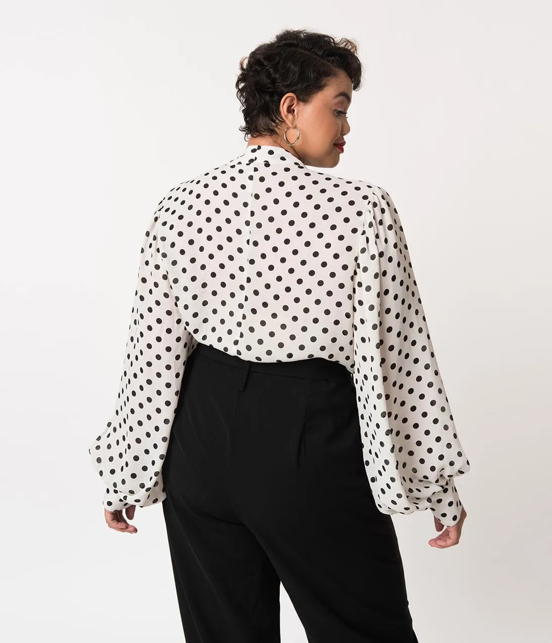 Unique Vintage Plus Size White & Black Polka Dot Neck Tie Gwen Blouse