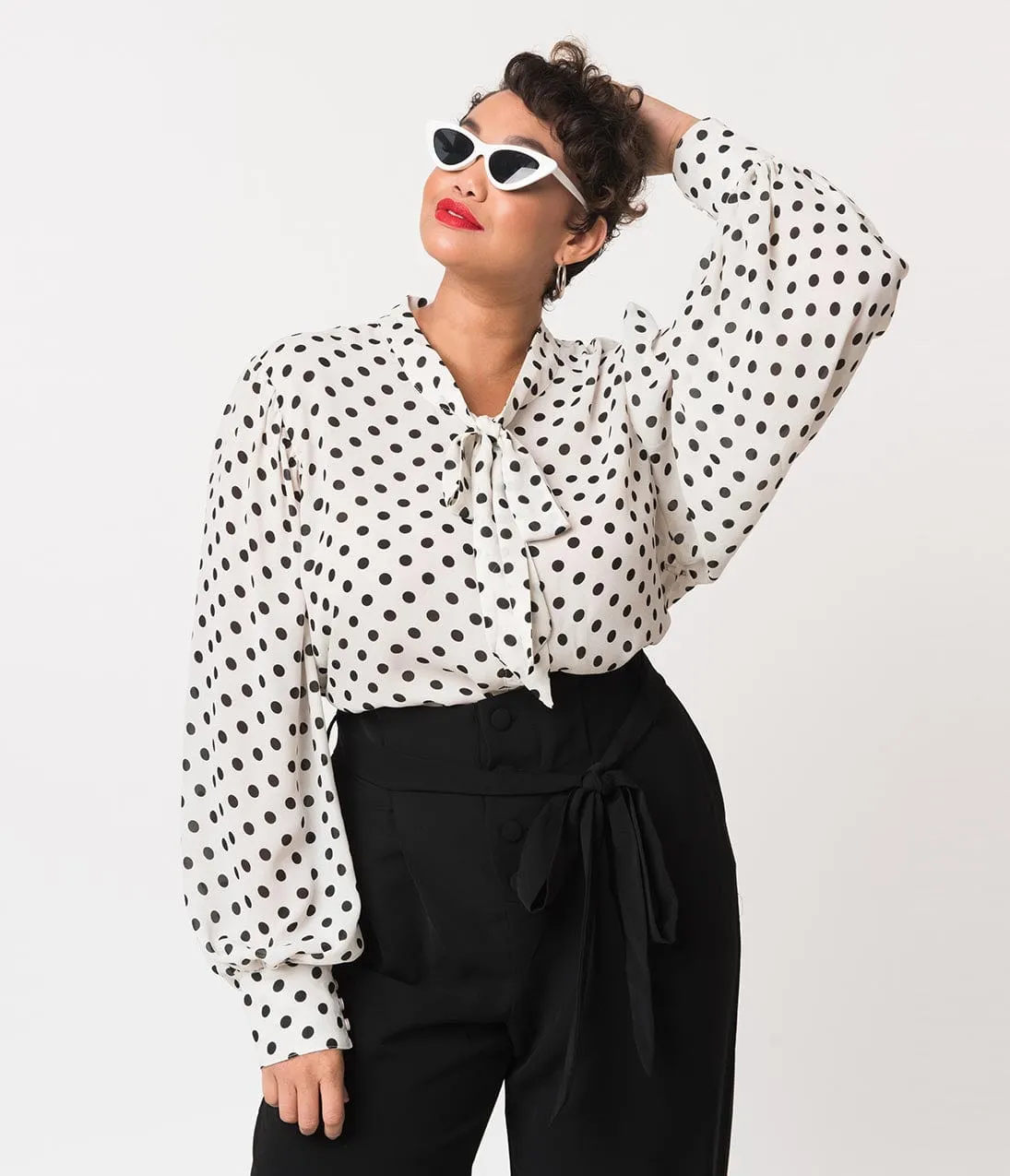 Unique Vintage Plus Size White & Black Polka Dot Neck Tie Gwen Blouse