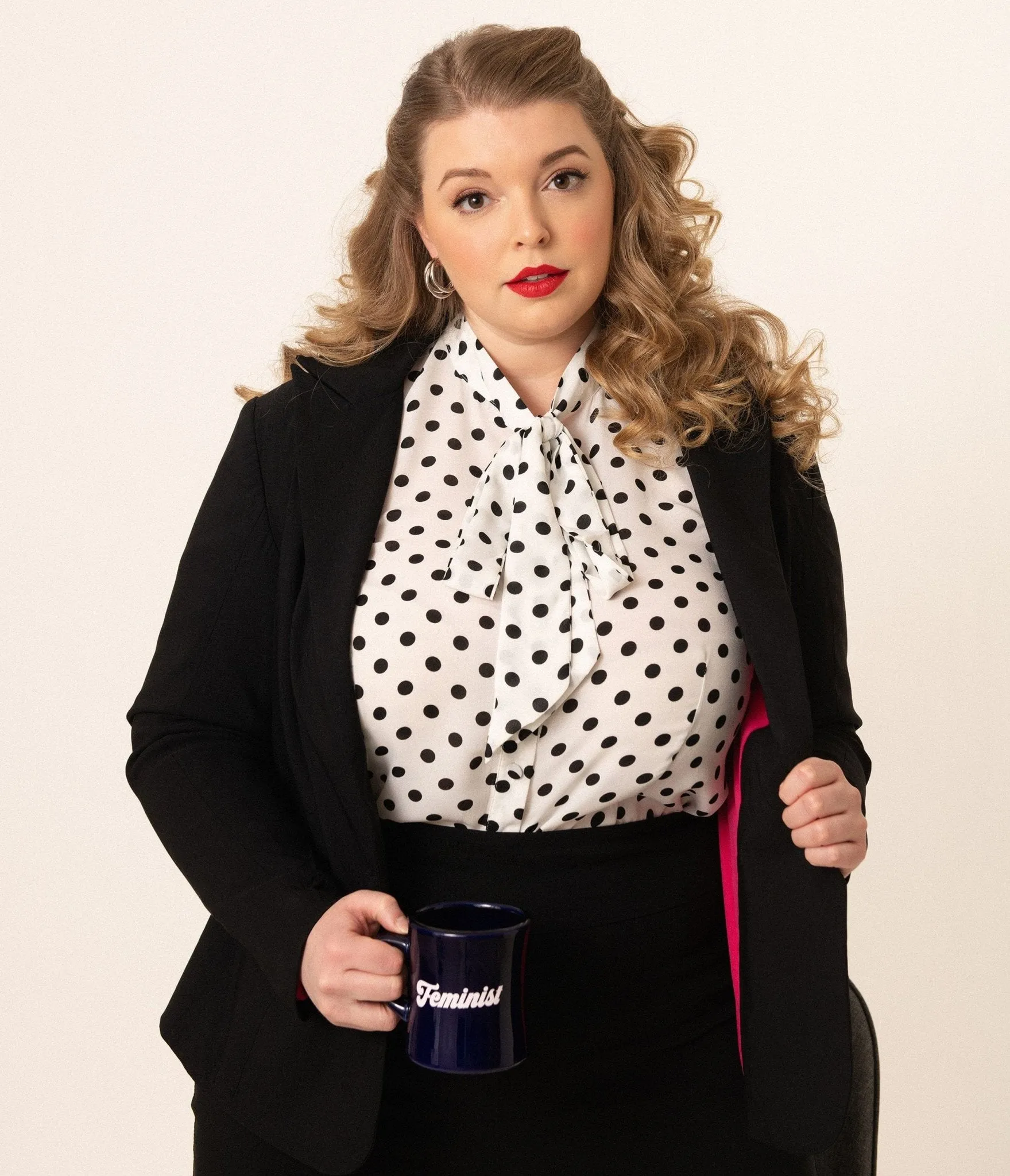 Unique Vintage Plus Size White & Black Polka Dot Neck Tie Gwen Blouse