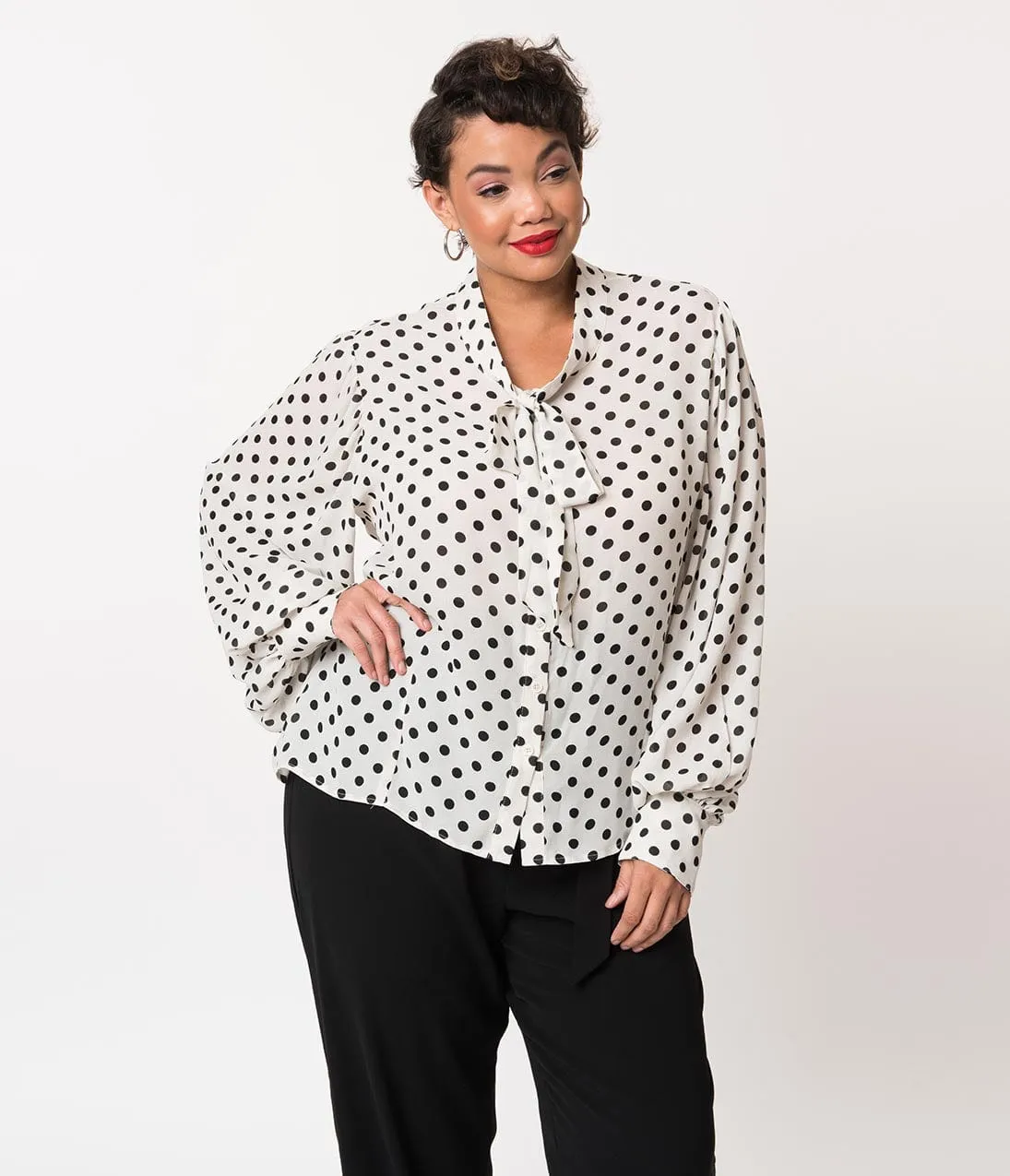 Unique Vintage Plus Size White & Black Polka Dot Neck Tie Gwen Blouse