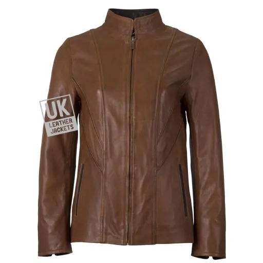 Womens Brown Leather Jacket - Anais - Turn Back Cuff