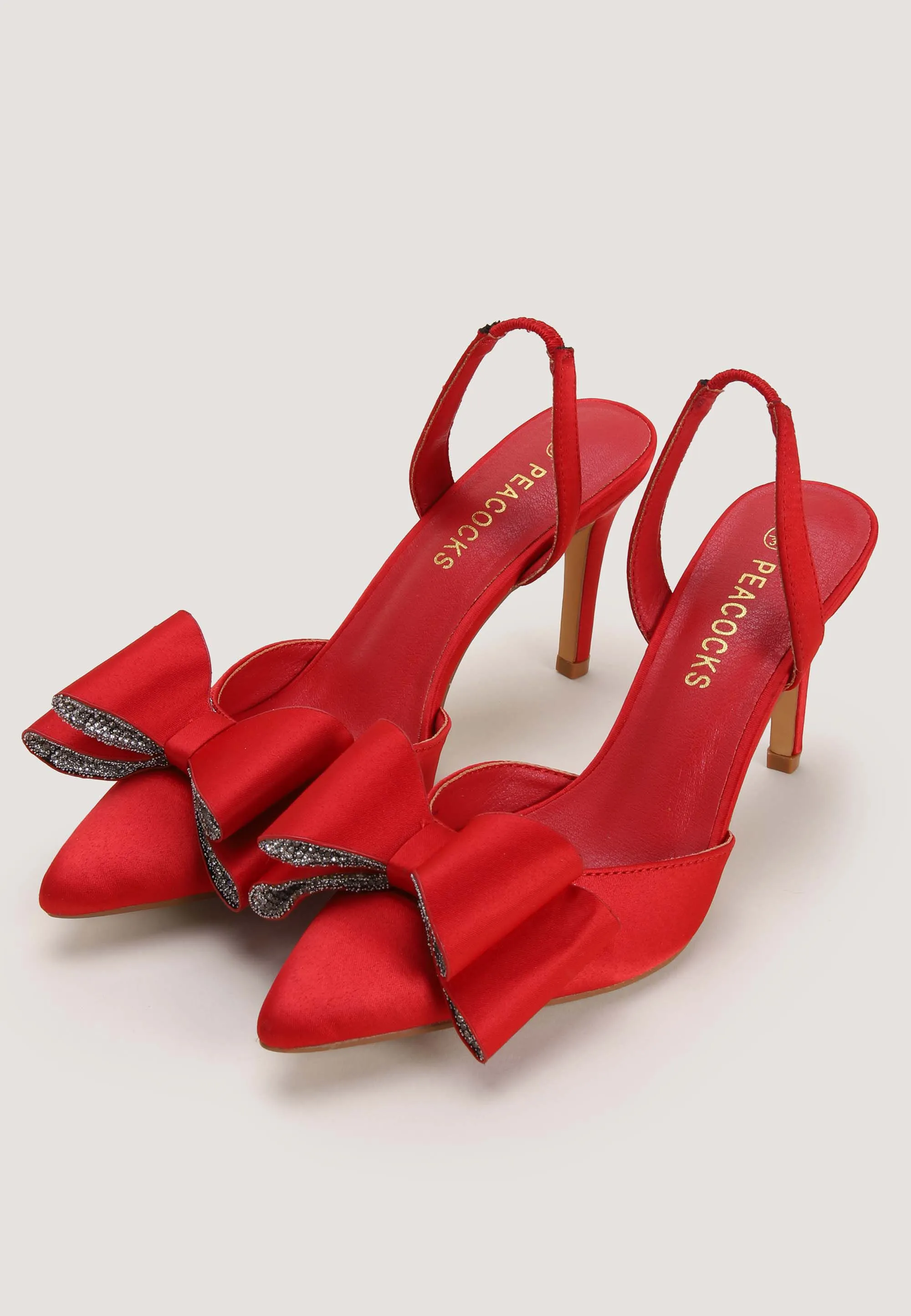 Womens Red Diamante Bow Slingback Stiletto Heels