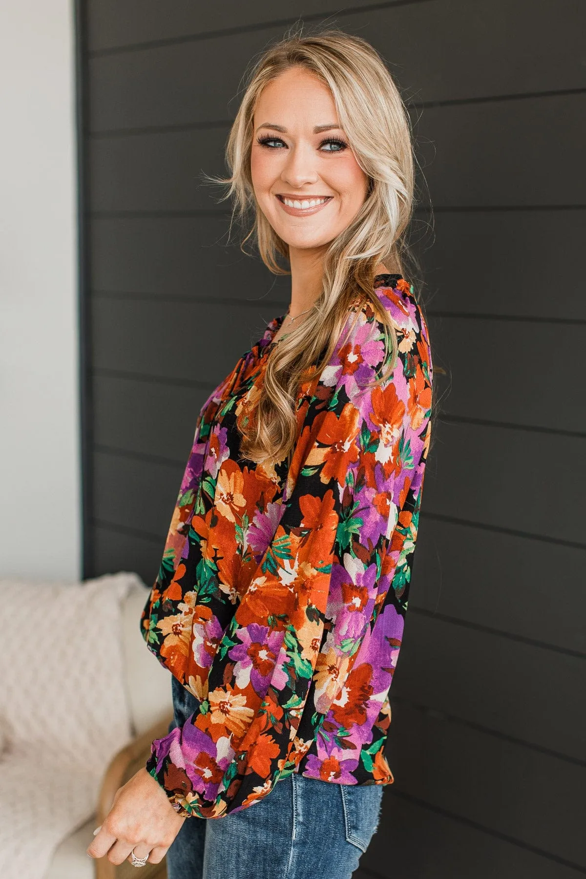 Won't Miss A Thing Floral Blouse- Black, Purple, & Rust